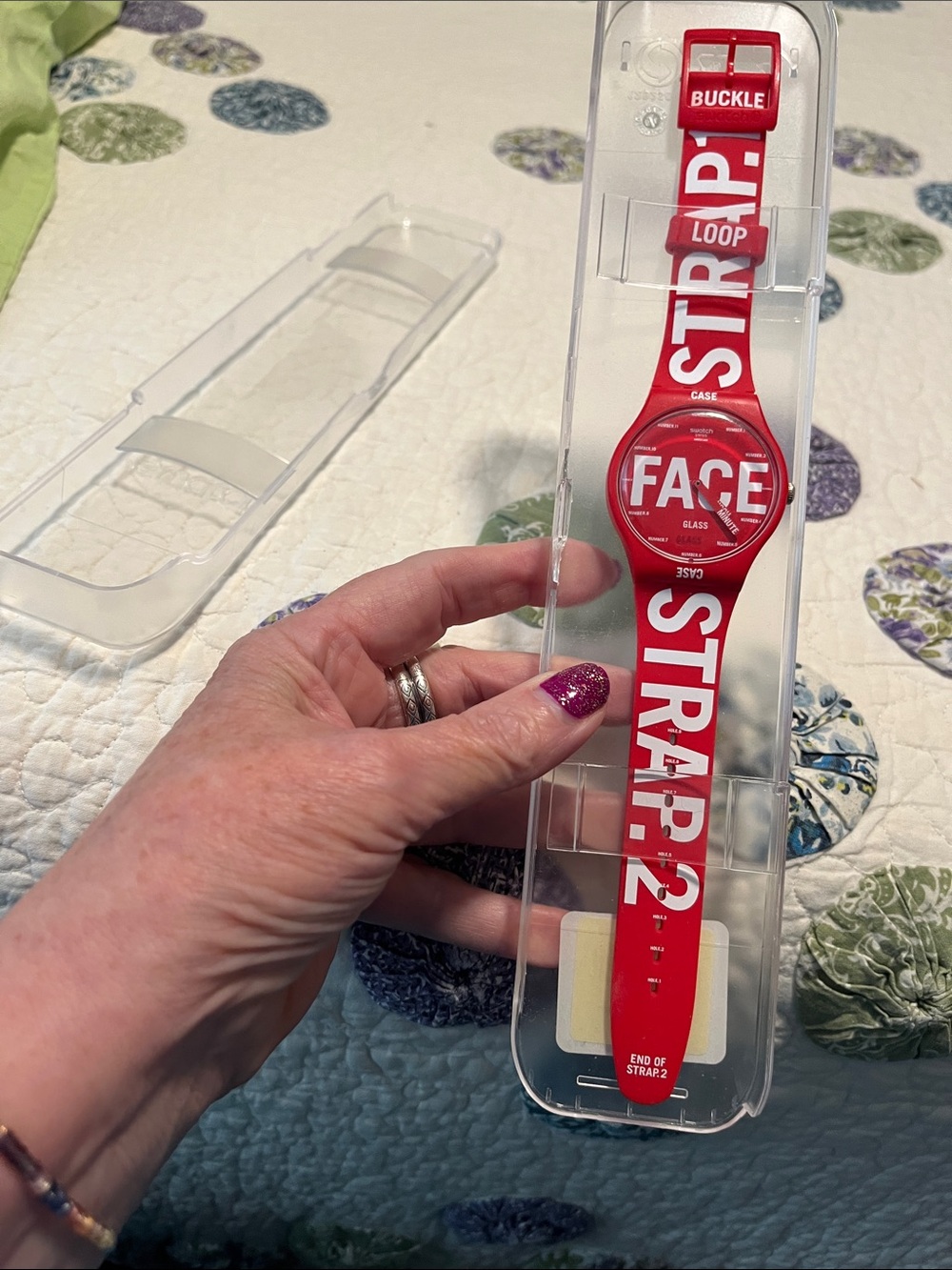 Swatch Red and White Graphic Strap Watch with Bold White Text